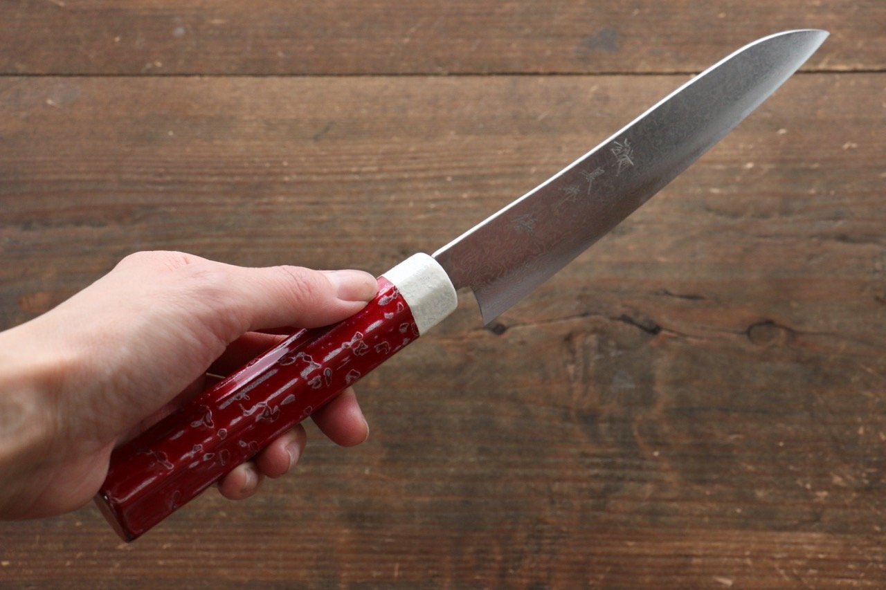 Yu Kurosaki R2/SG2 Damascus Small Santoku Japanese Knife 155mm with Red Lacquered Handle - Japanny - Best Japanese Knife