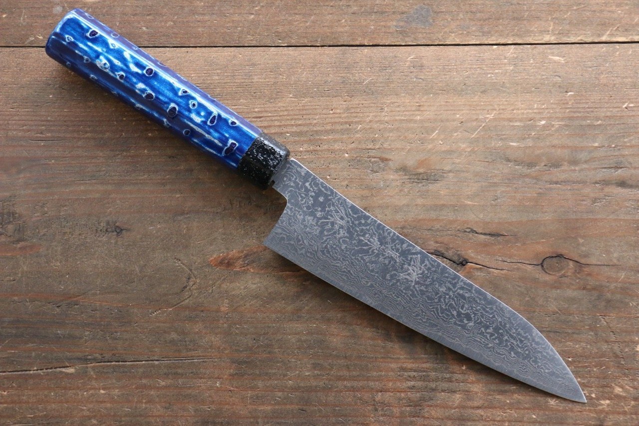 Yu Kurosaki R2/SG2 Damascus Small Santoku Japanese Knife 155mm with Blue Lacquered Handle - Japanny - Best Japanese Knife