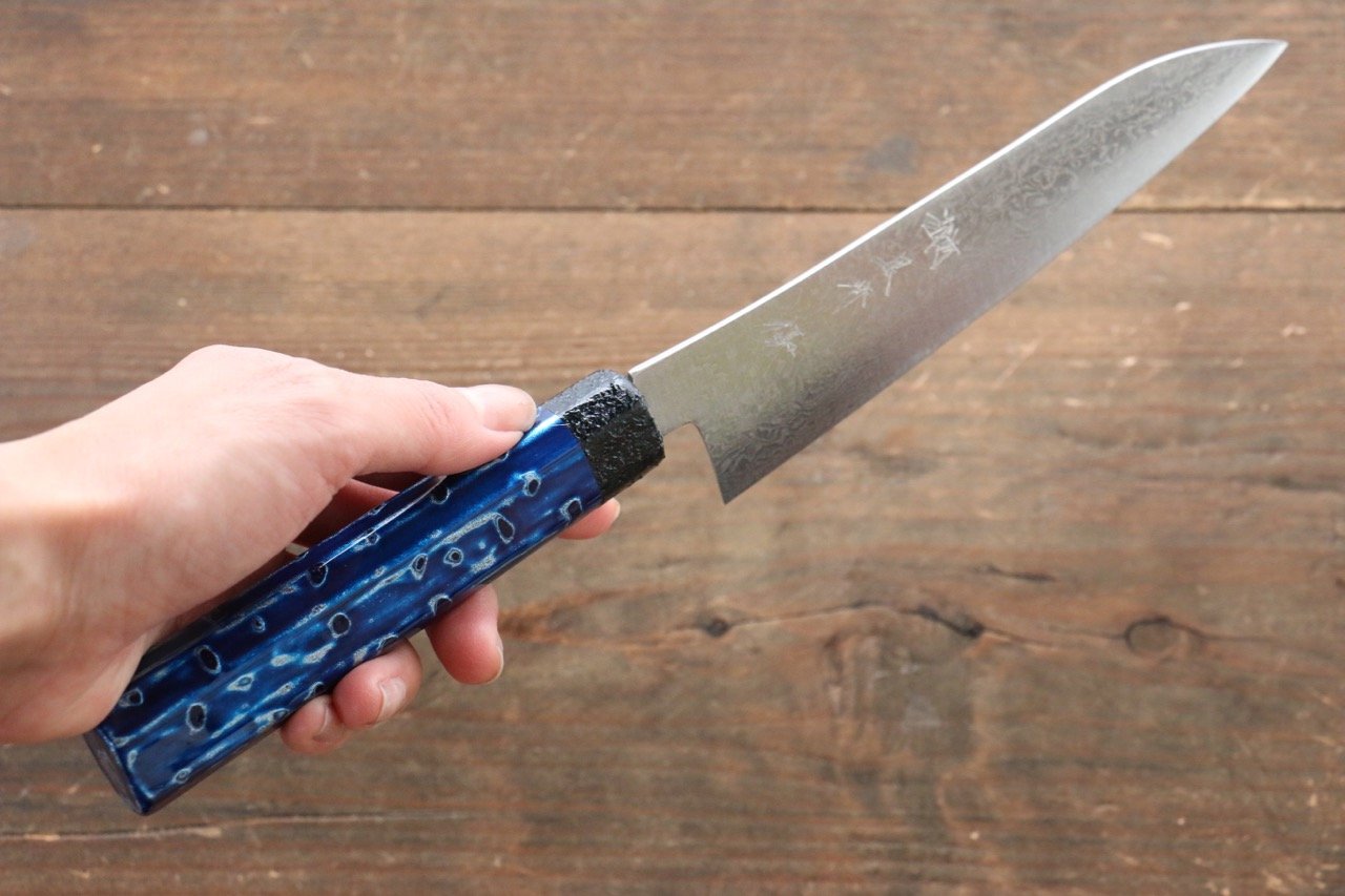 Yu Kurosaki R2/SG2 Damascus Small Santoku Japanese Knife 155mm with Blue Lacquered Handle - Japanny - Best Japanese Knife