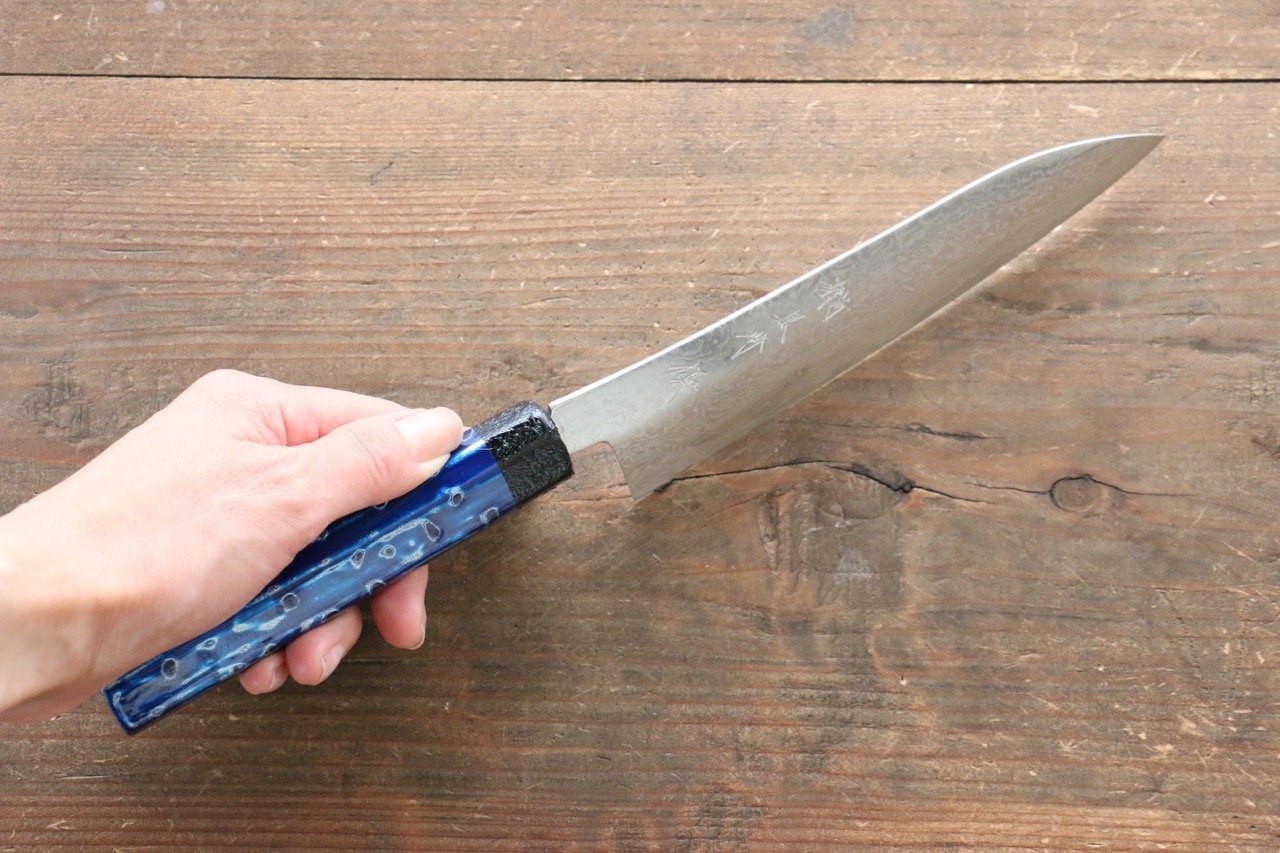 Yu Kurosaki R2/SG2 Damascus Small Santoku Japanese Knife 155mm with Blue Lacquered Handle - Japanny - Best Japanese Knife