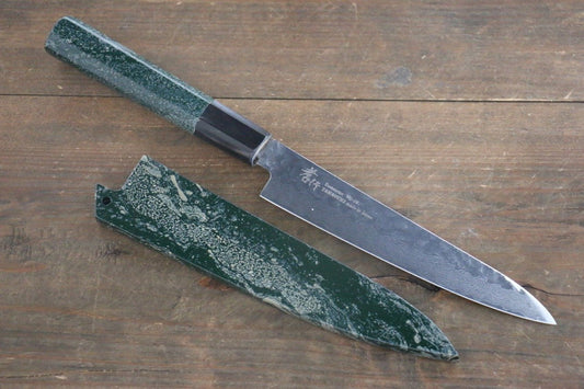 Sakai Takayuki 33 Layer Damascus Hammered Petty Japanese Chef Knife 150mm Green Lacquered Handle With Saya - Japanny - Best Japanese Knife