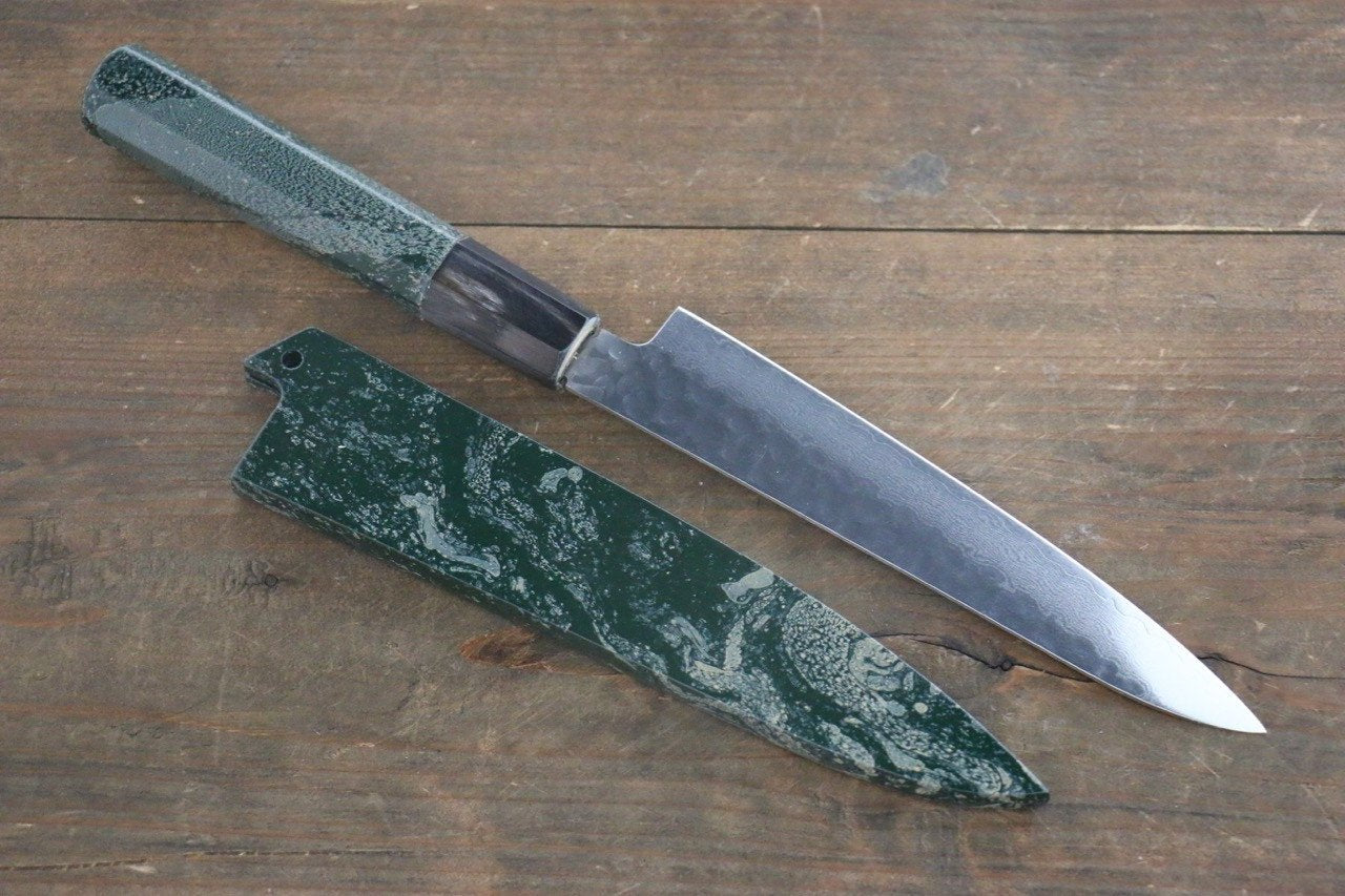 Sakai Takayuki 33 Layer Damascus Hammered Petty Japanese Chef Knife 150mm Green Lacquered Handle With Saya - Japanny - Best Japanese Knife