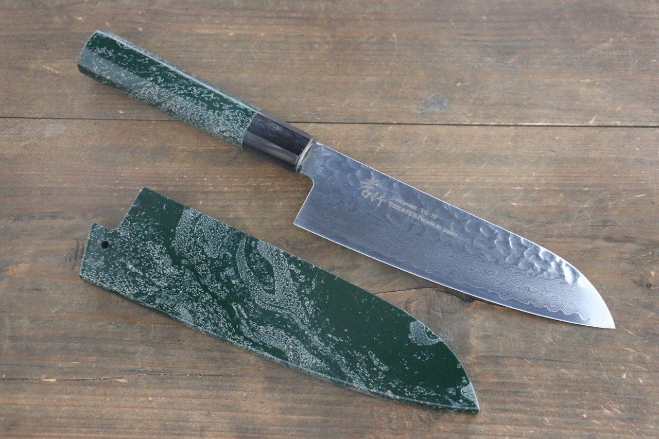 Sakai Takayuki 33 Layer Damascus Hammered Santoku Japanese Chef Knife 170mm Green Lacquered Handle With Saya - Japanny - Best Japanese Knife