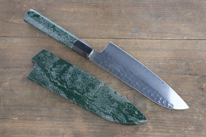 Sakai Takayuki 33 Layer Damascus Hammered Santoku Japanese Chef Knife 170mm Green Lacquered Handle With Saya - Japanny - Best Japanese Knife