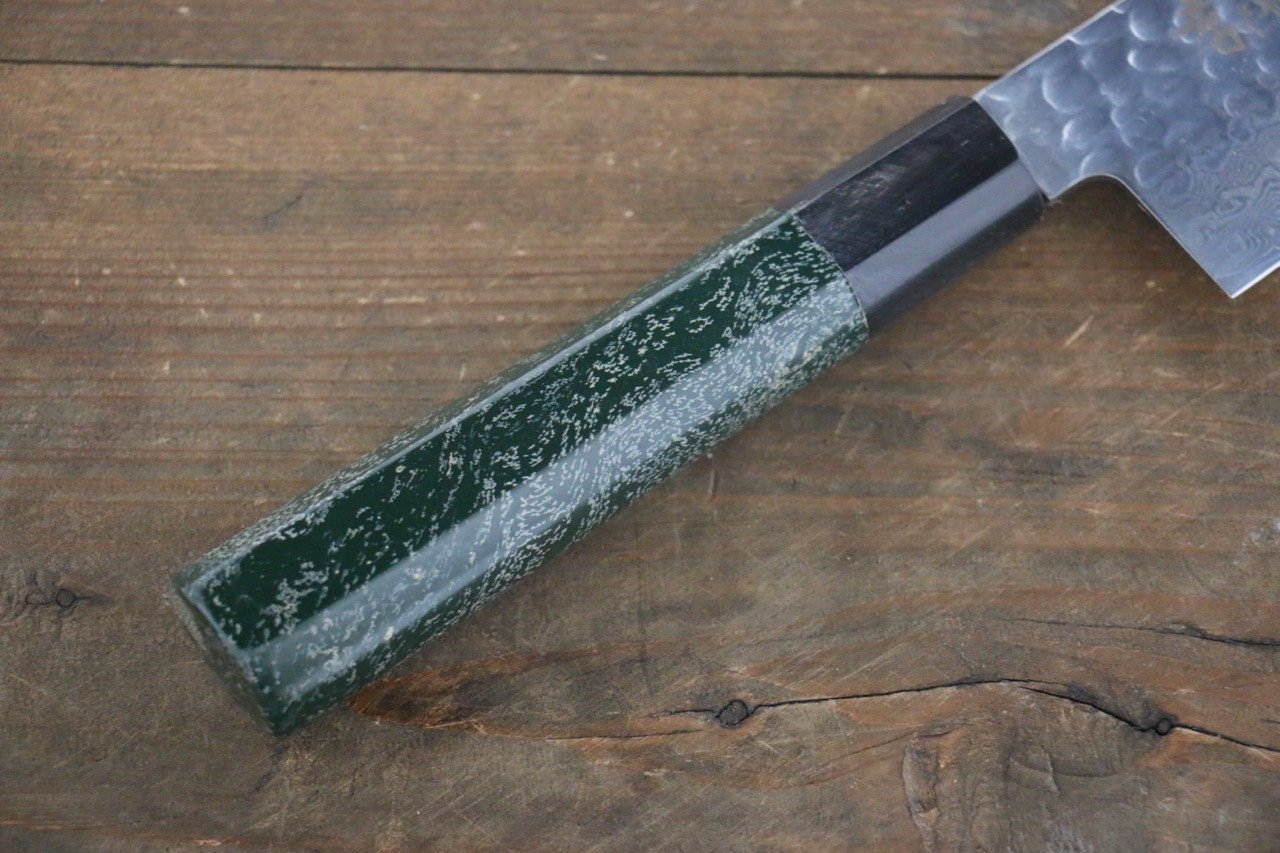 Sakai Takayuki 33 Layer Damascus Hammered Santoku Japanese Chef Knife 170mm Green Lacquered Handle With Saya - Japanny - Best Japanese Knife