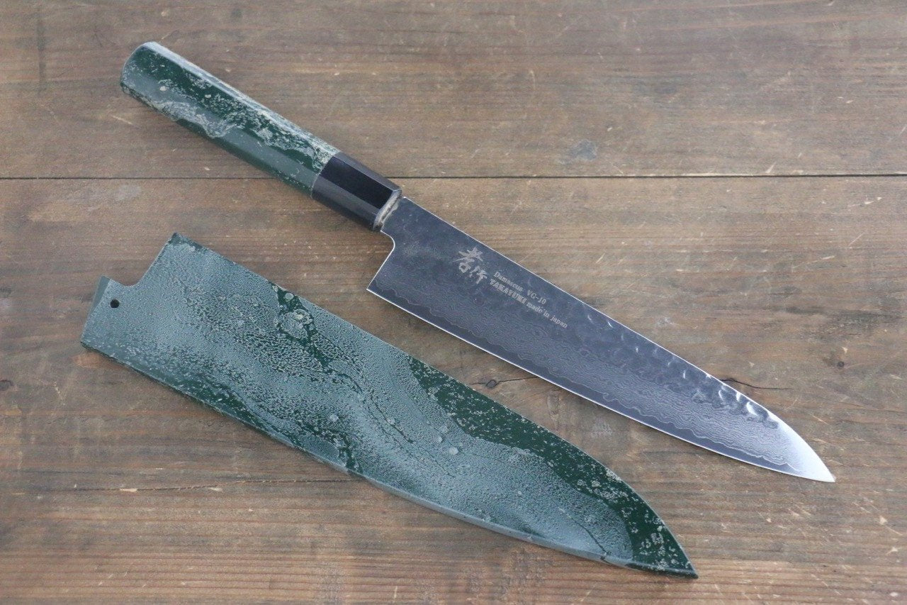 Sakai Takayuki 33 Layer Damascus Hammered Gyuto Japanese Chef Knife 210mm Green Lacquered Handle With Saya - Japanny - Best Japanese Knife