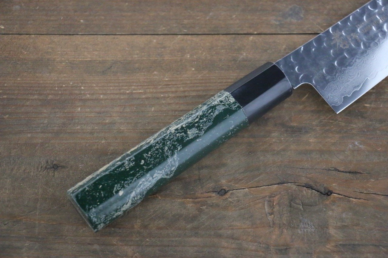 Sakai Takayuki 33 Layer Damascus Hammered Gyuto Japanese Chef Knife 210mm Green Lacquered Handle With Saya - Japanny - Best Japanese Knife