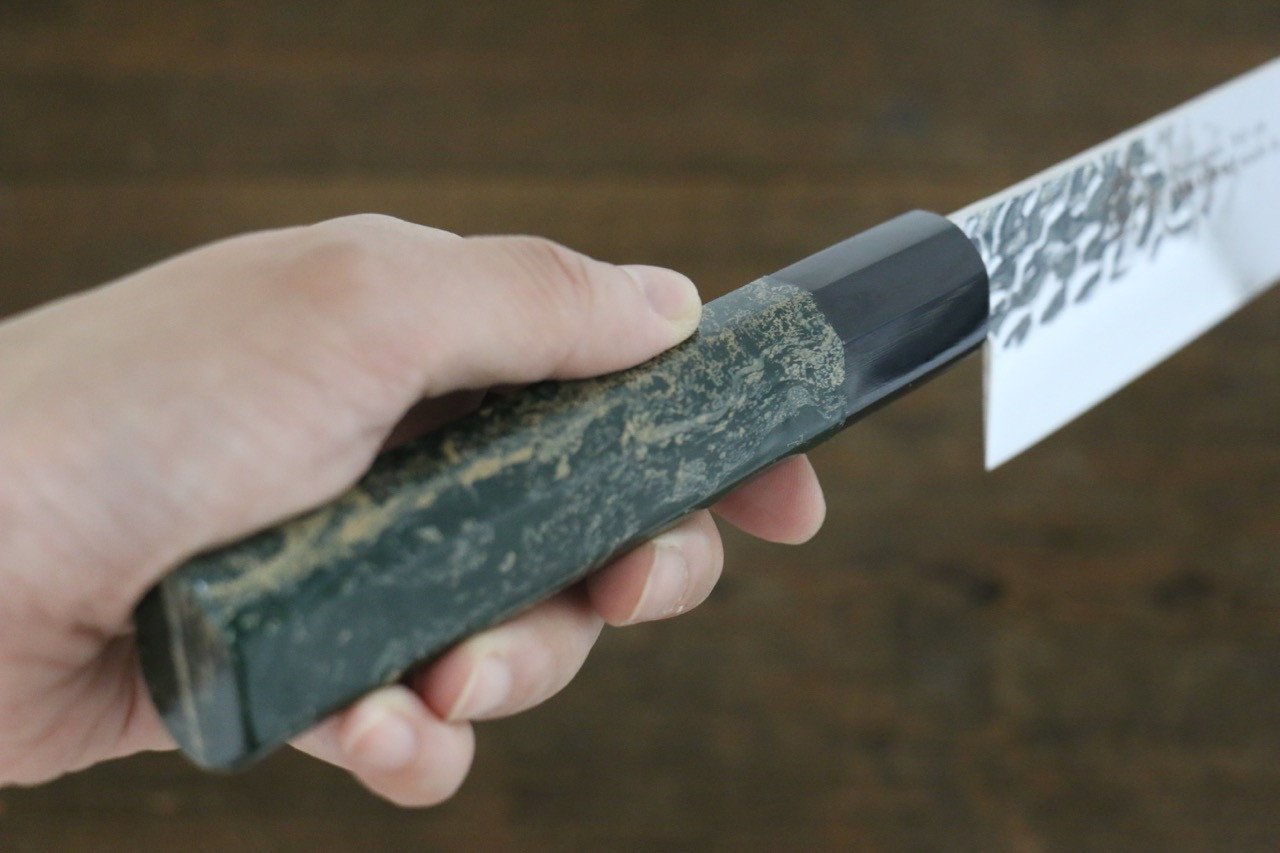 Sakai Takayuki 33 Layer Damascus Hammered Gyuto Japanese Chef Knife 210mm Green Lacquered Handle With Saya - Japanny - Best Japanese Knife