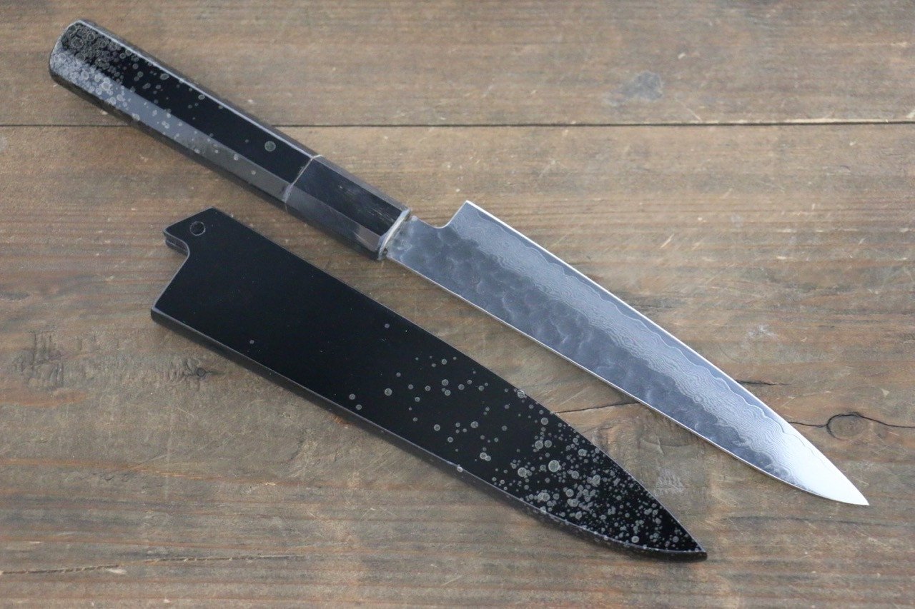 Sakai Takayuki 33 Layer Damascus Hammered Petty Japanese Chef Knife 150mm Silver Dot Lacquered Handle With Saya - Japanny - Best Japanese Knife