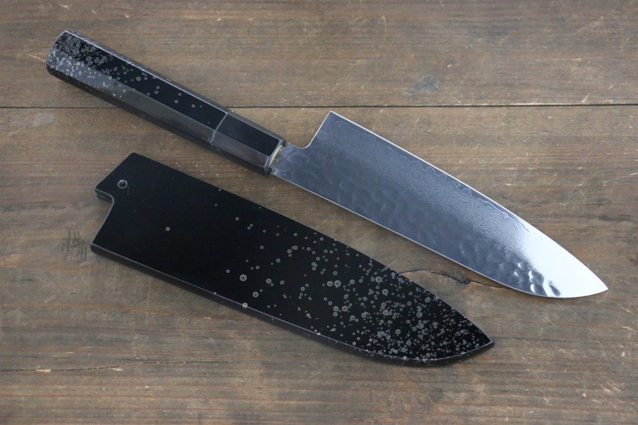 Sakai Takayuki 33 Layer Damascus Hammered Santoku Japanese Chef Knife 170mm Silver Dot Lacquered Handle With Saya - Japanny - Best Japanese Knife