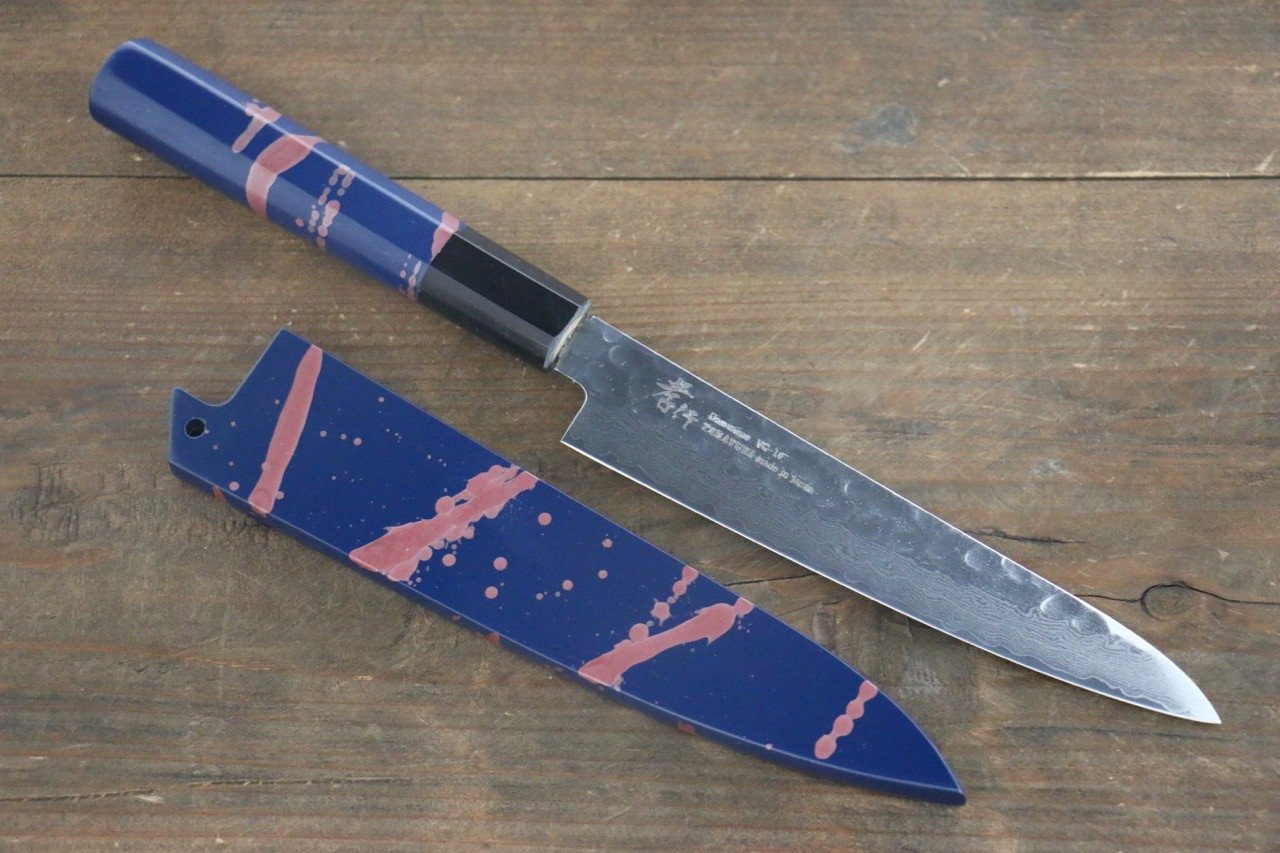 Sakai Takayuki 33 Layer Damascus Hammered Petty Japanese Chef Knife 150mm Blue Lacquered Handle With Saya - Japanny - Best Japanese Knife