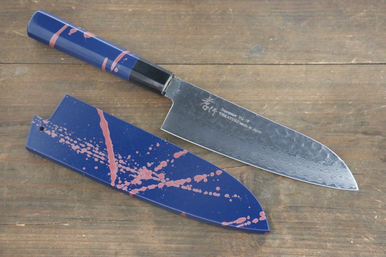 Sakai Takayuki 33 Layer Damascus Hammered Santoku Japanese Chef Knife 170mm Blue Lacquered Handle With Saya - Japanny - Best Japanese Knife