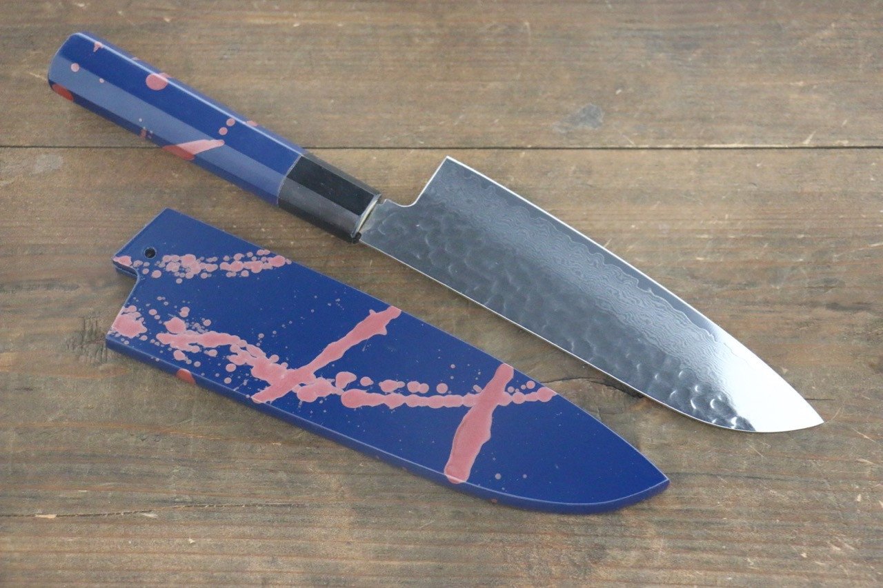 Sakai Takayuki 33 Layer Damascus Hammered Santoku Japanese Chef Knife 170mm Blue Lacquered Handle With Saya - Japanny - Best Japanese Knife