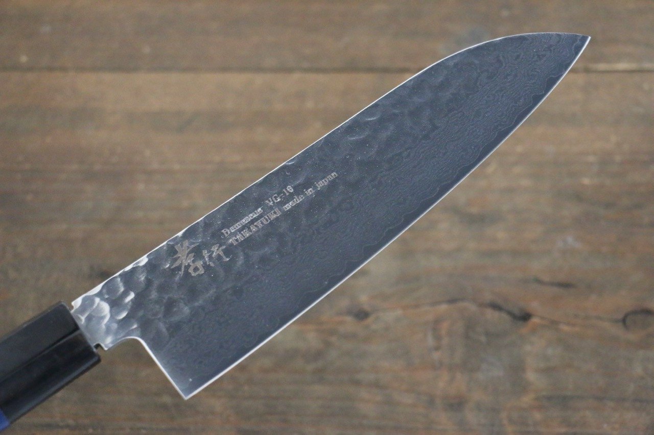 Sakai Takayuki 33 Layer Damascus Hammered Santoku Japanese Chef Knife 170mm Blue Lacquered Handle With Saya - Japanny - Best Japanese Knife