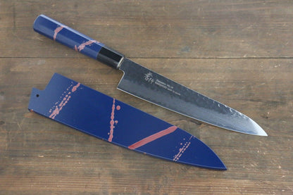 Sakai Takayuki 33 Layer Damascus Hammered Gyuto Japanese Chef Knife 210mm Blue Lacquered Handle With Saya - Japanny - Best Japanese Knife