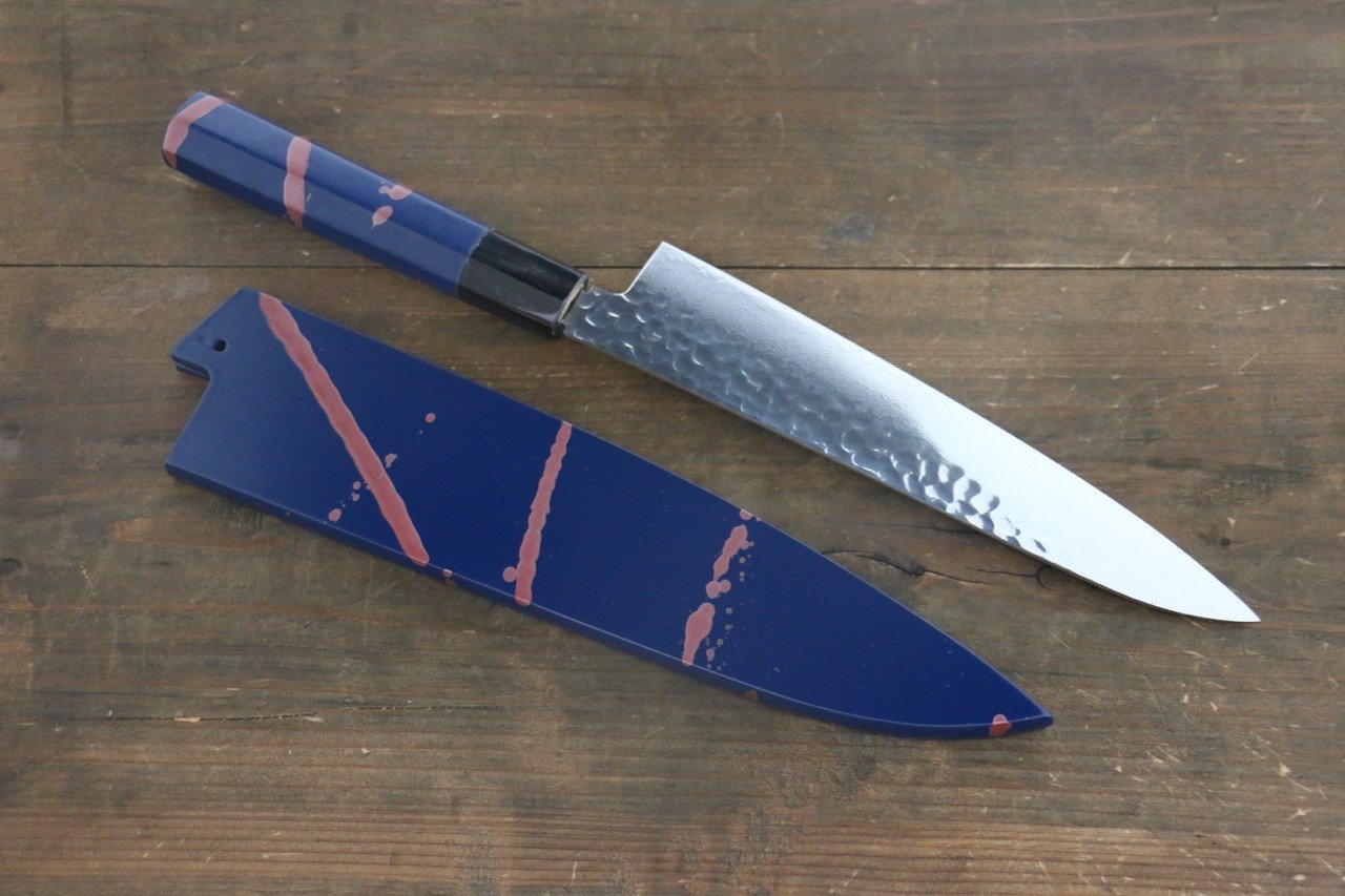 Sakai Takayuki 33 Layer Damascus Hammered Gyuto Japanese Chef Knife 210mm Blue Lacquered Handle With Saya - Japanny - Best Japanese Knife