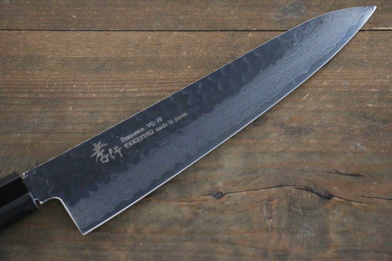 Sakai Takayuki 33 Layer Damascus Hammered Gyuto Japanese Chef Knife 210mm Blue Lacquered Handle With Saya - Japanny - Best Japanese Knife