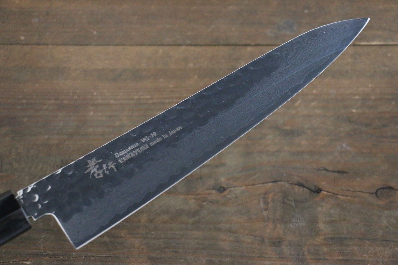 Sakai Takayuki 33 Layer Damascus Hammered Gyuto Japanese Chef Knife 210mm Blue Lacquered Handle With Saya - Japanny - Best Japanese Knife