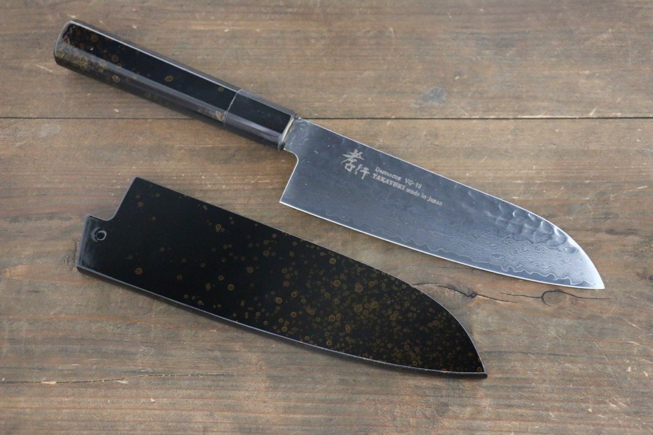 Sakai Takayuki 33 Layer Damascus Hammered Santoku Japanese Chef Knife 170mm Gold Dots Lacquered Handle With Saya - Japanny - Best Japanese Knife