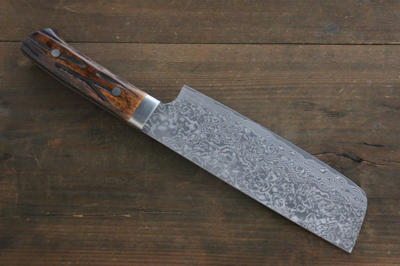 Takeshi Saji R2/SG2 Black Damascus Nakiri Japanese Chef Knife 165mm with Brown Bone handle - Japanny - Best Japanese Knife