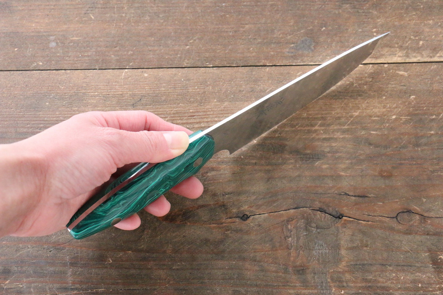 Takeshi Saji Coreless Mirrored Finish Small Santoku Japanese Knife 130mm with Green Turquoise (Nomura Style) Handle - Japanny - Best Japanese Knife