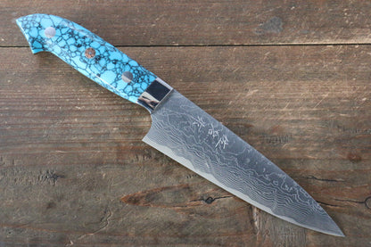 Takeshi Saji R2/SG2 Diamond Finish Damascus Petty-Utility Japanese Knife 130mm with Blue Turquoise (Nomura Style) Handle - Japanny - Best Japanese Knife