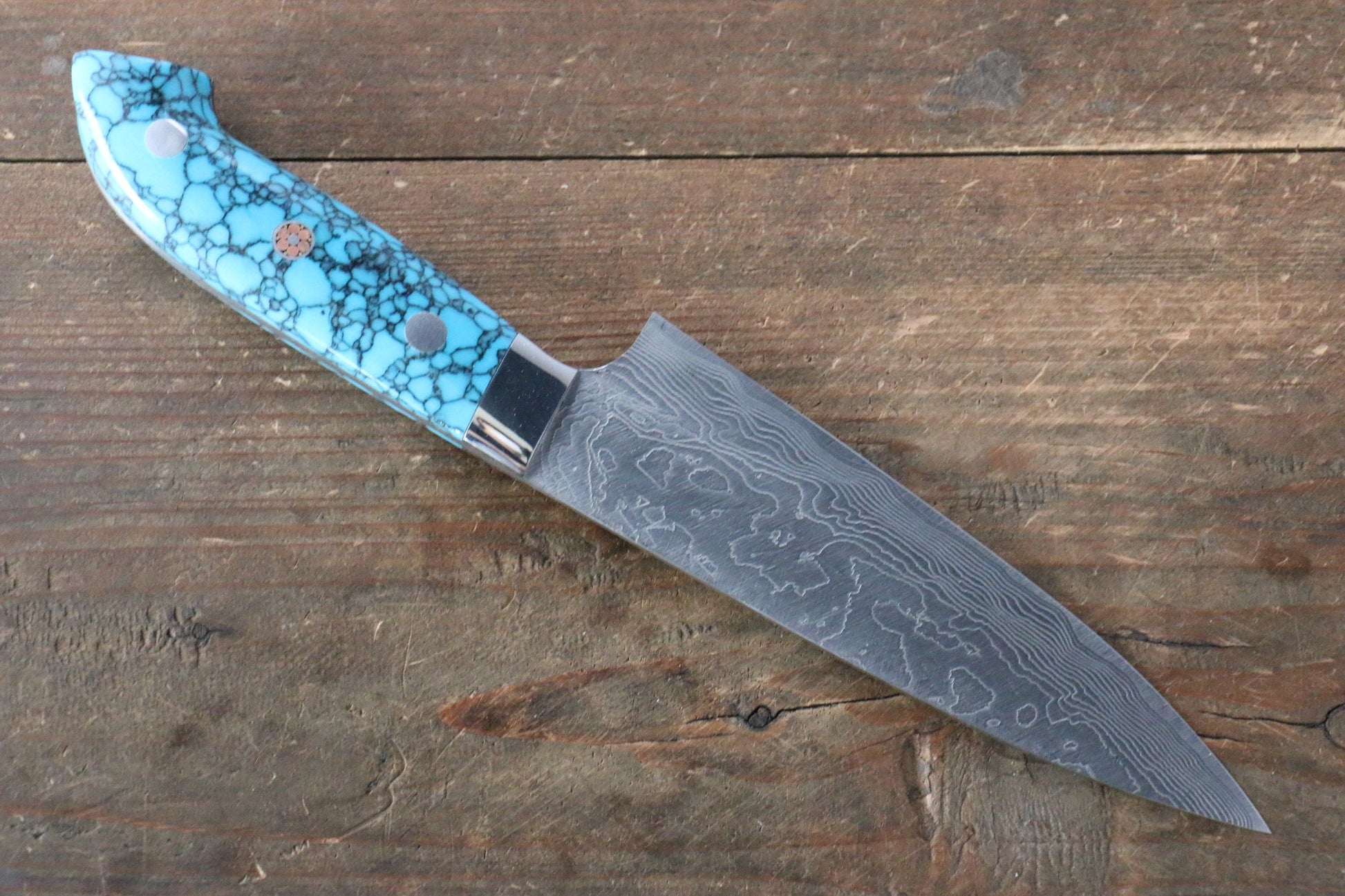 Takeshi Saji R2/SG2 Diamond Finish Damascus Petty-Utility Japanese Knife 130mm with Blue Turquoise (Nomura Style) Handle - Japanny - Best Japanese Knife