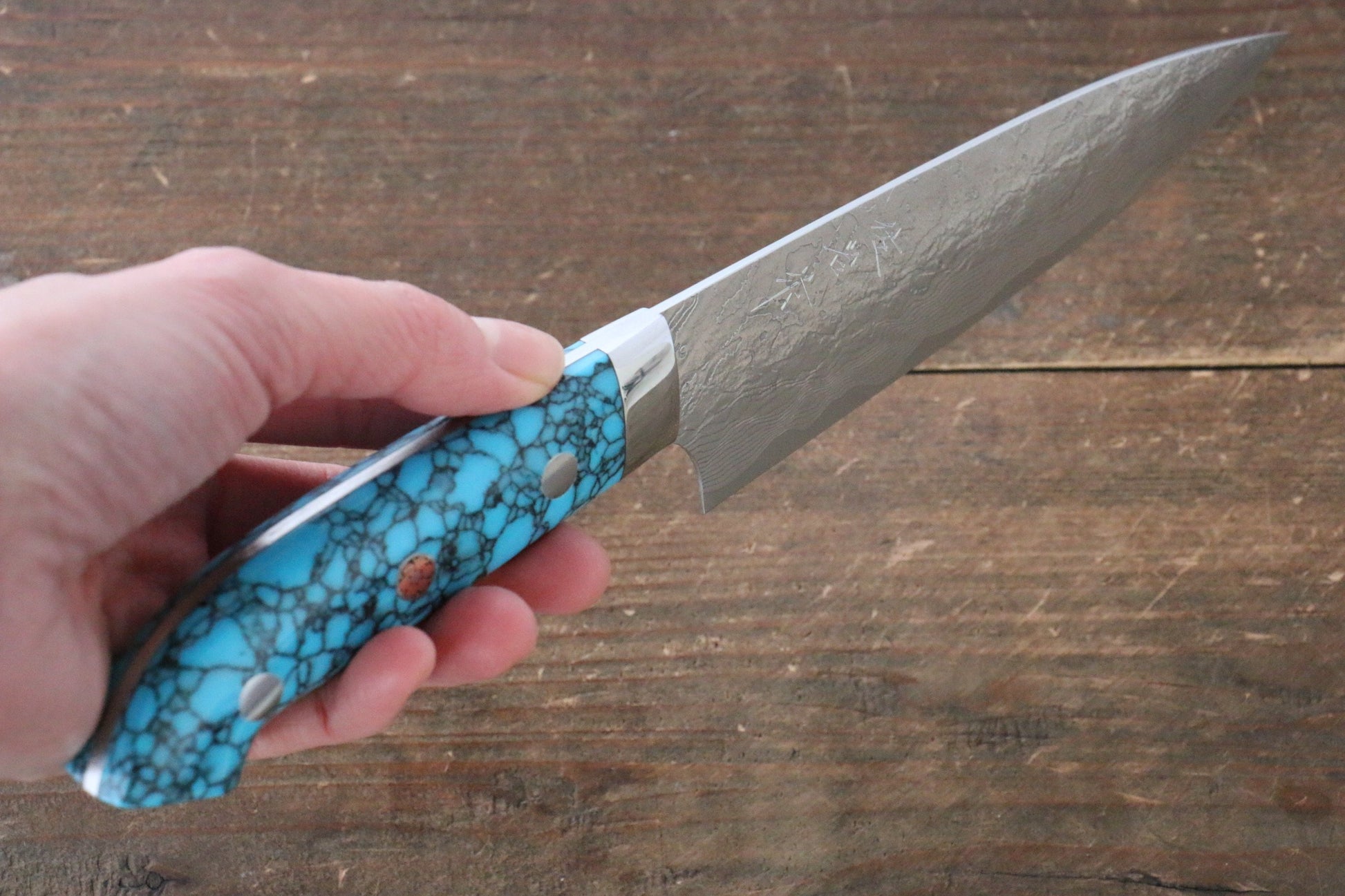 Takeshi Saji R2/SG2 Diamond Finish Damascus Petty-Utility Japanese Knife 130mm with Blue Turquoise (Nomura Style) Handle - Japanny - Best Japanese Knife