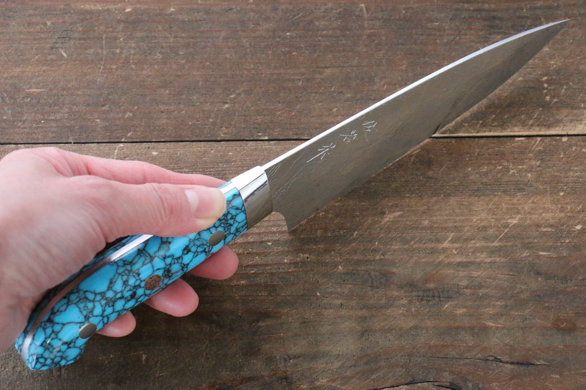 Takeshi Saji R2/SG2 Diamond Finish Damascus Petty-Utility Japanese Knife 130mm with Blue Turquoise (Nomura Style) Handle - Japanny - Best Japanese Knife