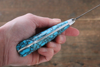 Takeshi Saji R2/SG2 Diamond Finish Damascus Petty-Utility Japanese Knife 130mm with Blue Turquoise (Nomura Style) Handle - Japanny - Best Japanese Knife