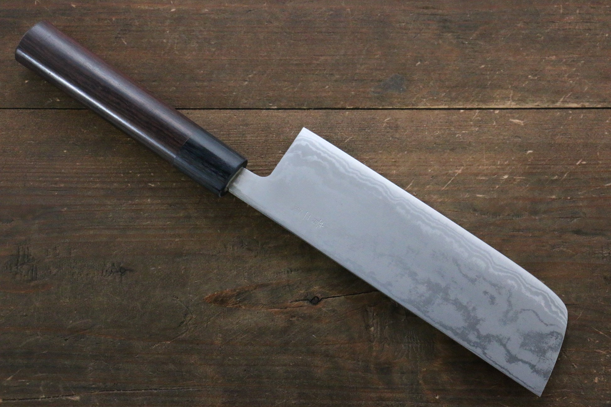 Kanetsune Blue Steel No.2 Damascus Nakiri Japanese Knife 165mm with Shitan Handle - Japanny - Best Japanese Knife