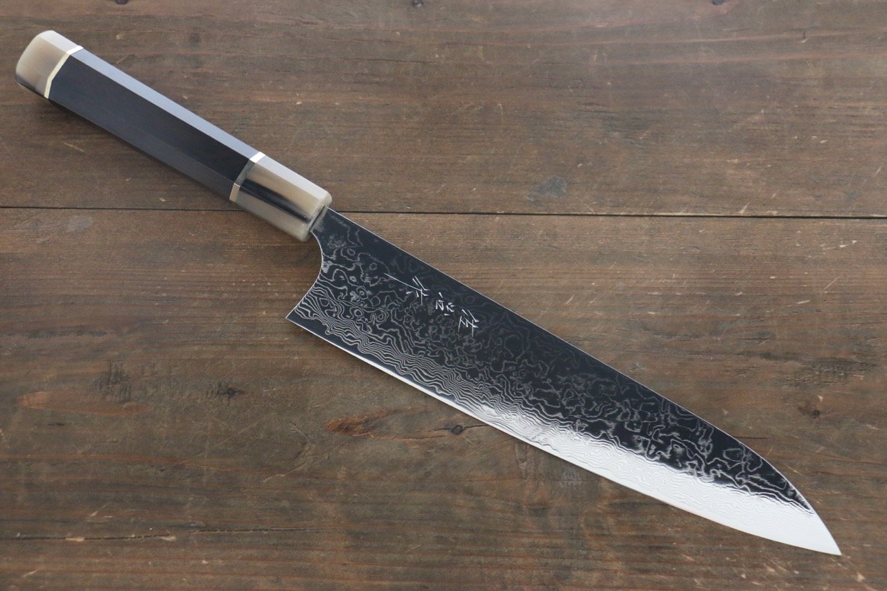 Takeshi Saji R2/SG2 Mirrored Damascus Gyuto Japanese Chef Knife 240mm with Ebony with Double Baffalo Handle - Japanny - Best Japanese Knife