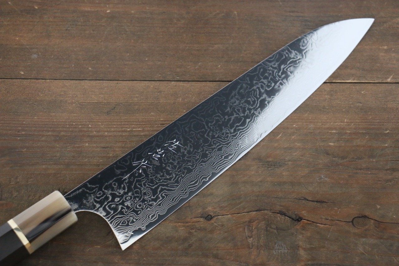 Takeshi Saji R2/SG2 Mirrored Damascus Gyuto Japanese Chef Knife 240mm with Ebony with Double Baffalo Handle - Japanny - Best Japanese Knife