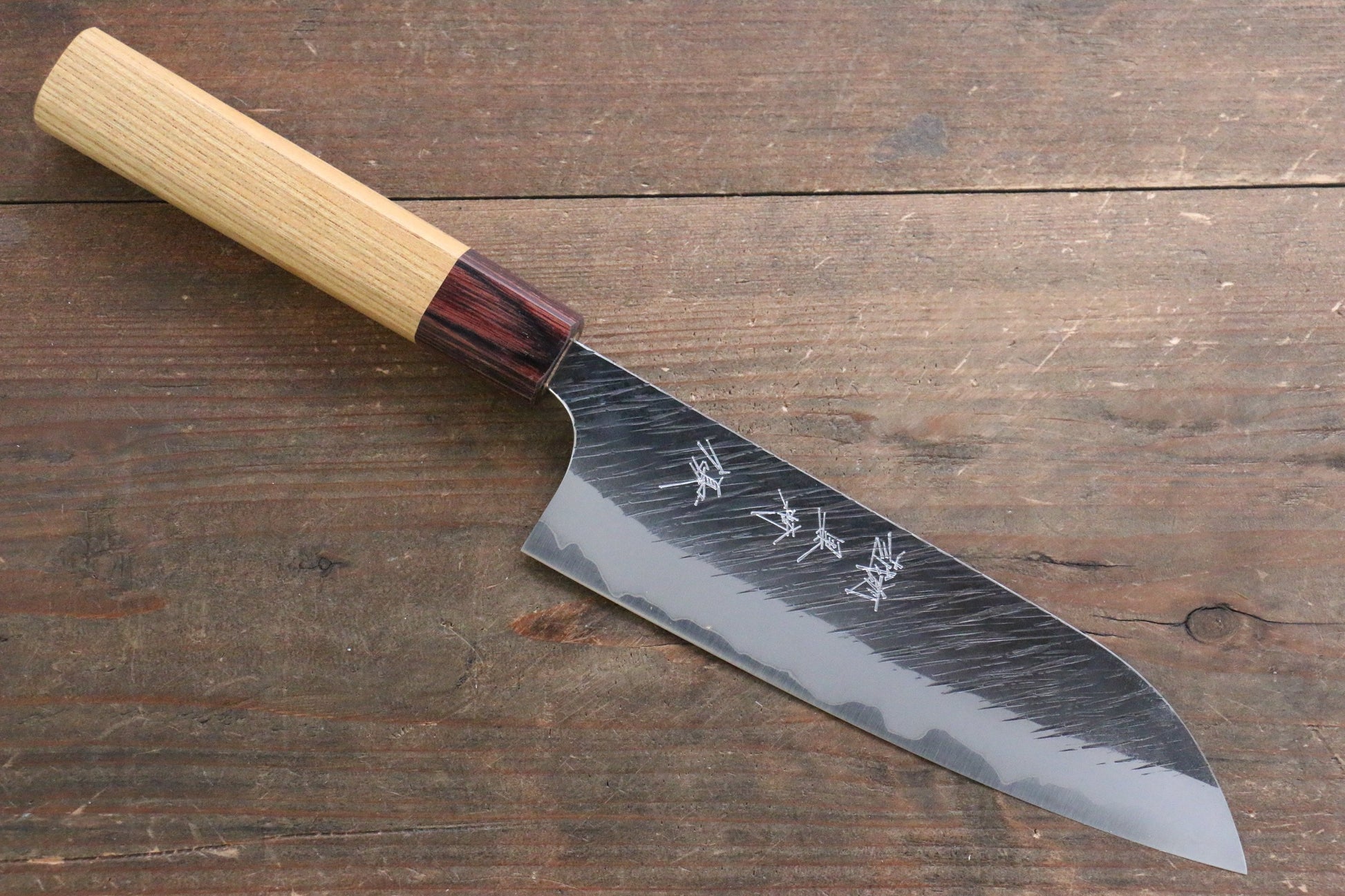 Yu Kurosaki Fujin Blue Super Hammered Santoku Japanese Knife 165mm with Keyaki  (Japanese Elm) Handle - Japanny - Best Japanese Knife