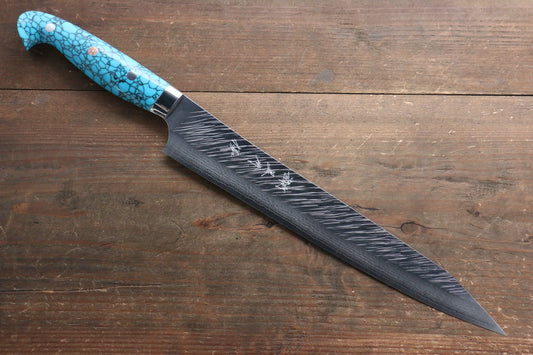 Yu Kurosaki Fujin SPG2 Hammered Damascus Sujihiki Japanese Knife 270mm Turquoise Handle - Japanny - Best Japanese Knife