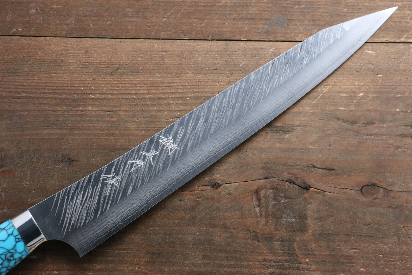 Yu Kurosaki Fujin SPG2 Hammered Damascus Sujihiki Japanese Knife 270mm Turquoise Handle - Japanny - Best Japanese Knife