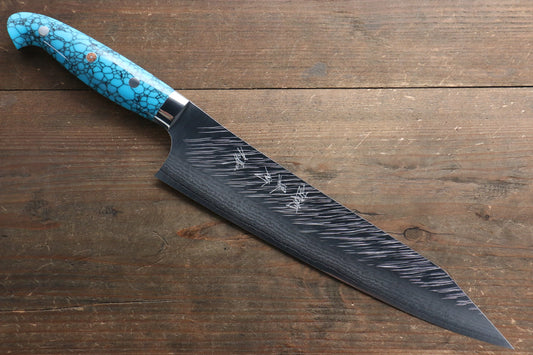 Yu Kurosaki Fujin SPG2 Hammered Damascus Gyuto Japanese Knife 240mm Turquoise Handle - Japanny - Best Japanese Knife