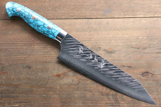 Yu Kurosaki Fujin SPG2 Hammered Damascus Bunka Japanese Knife 180mm Turquoise Handle - Japanny - Best Japanese Knife