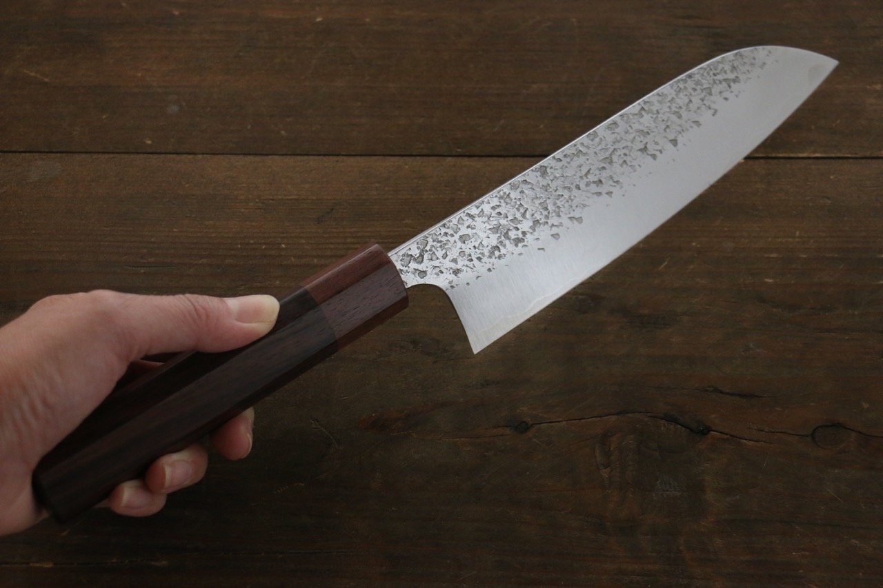 Yu Kurosaki Shizuku R2/SG2 Hammered Santoku Japanese Chef Knife 165mm with Shitan Handle - Japanny - Best Japanese Knife