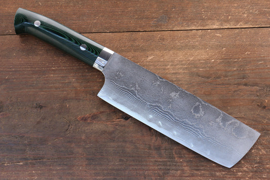 Takeshi Saji VG10 Diamond Finish Damascus Nakiri Japanese Knife 165mm Green Micarta Handle - Japanny - Best Japanese Knife