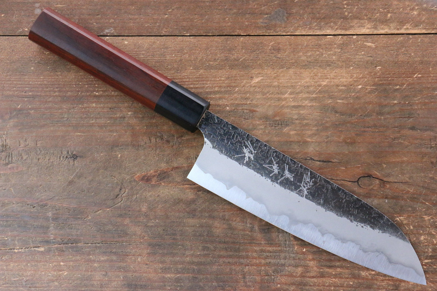 Yu Kurosaki Shizuku Blue Super Hammered Santoku Japanese Knife 165mm Shitan Handle - Japanny - Best Japanese Knife