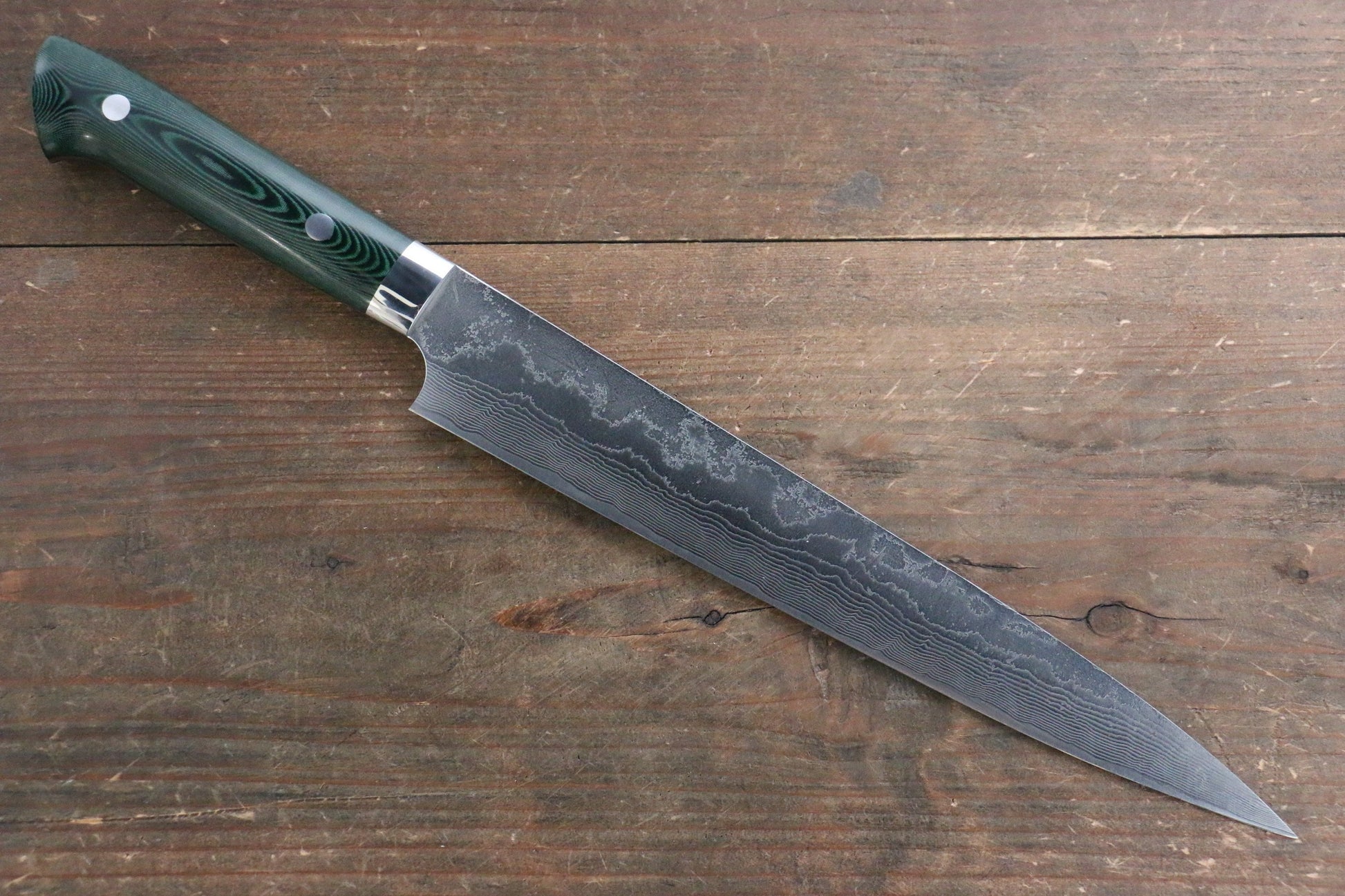 Takeshi Saji VG10 Diamond Finish Damascus Sujihiki Japanese Knife 240mm with Green Micarta Handle - Japanny - Best Japanese Knife