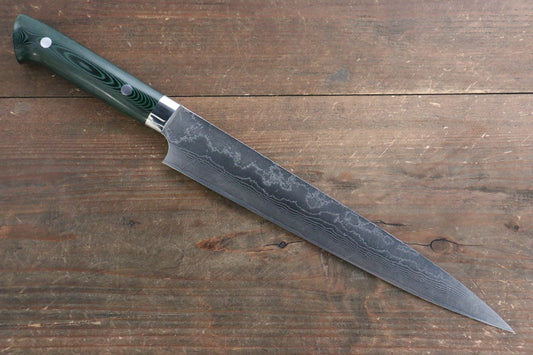 Takeshi Saji VG10 Diamond Finish Damascus Sujihiki Japanese Knife 240mm with Green Micarta Handle - Japanny - Best Japanese Knife