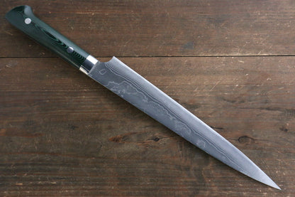 Takeshi Saji VG10 Diamond Finish Damascus Sujihiki Japanese Knife 240mm with Green Micarta Handle - Japanny - Best Japanese Knife