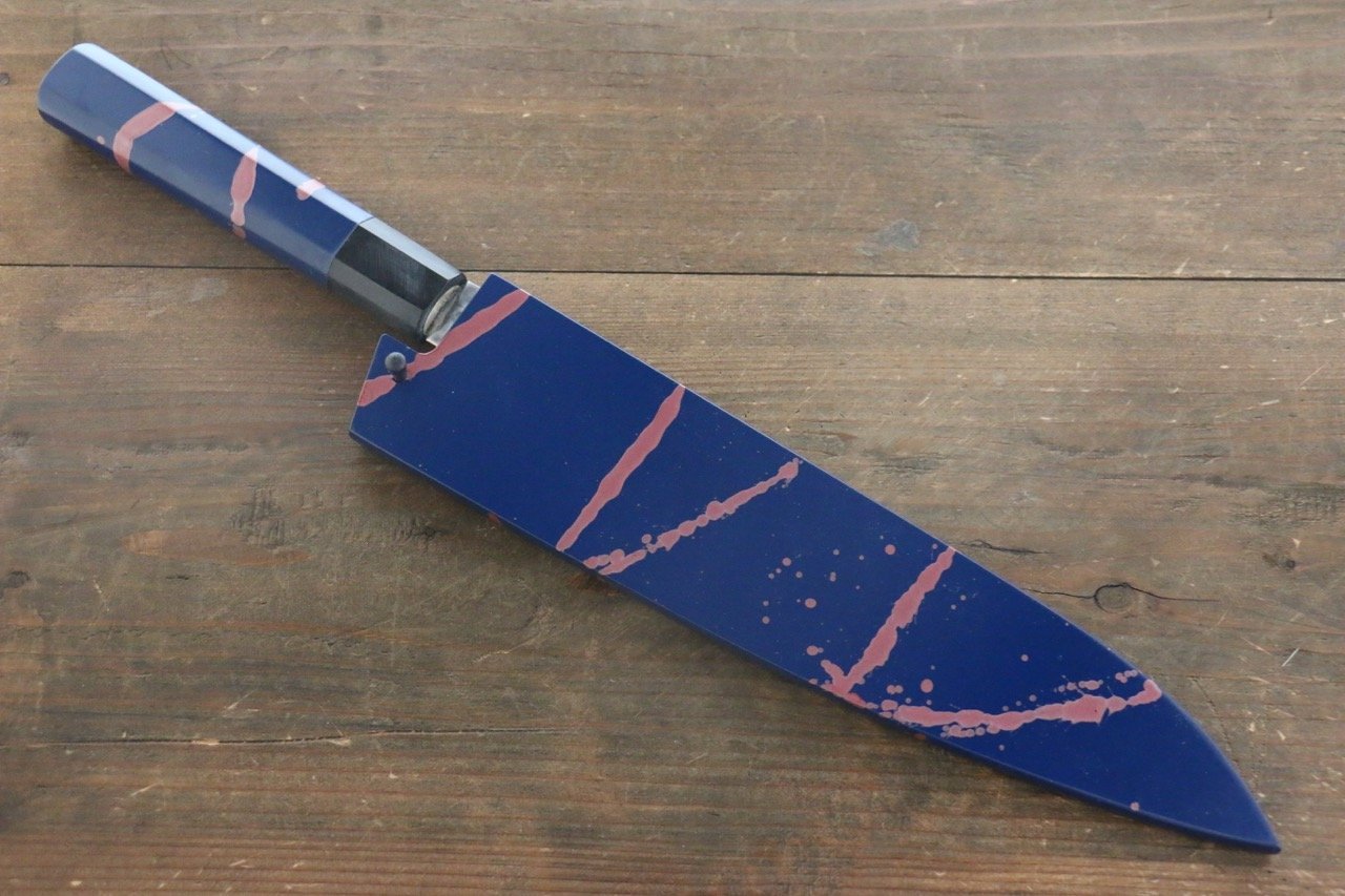 Sakai Takayuki 45 Layer Damascus Hammered Gyuto Japanese Chef Knife 240mm Blue Lacquered Handle With Saya - Japanny - Best Japanese Knife