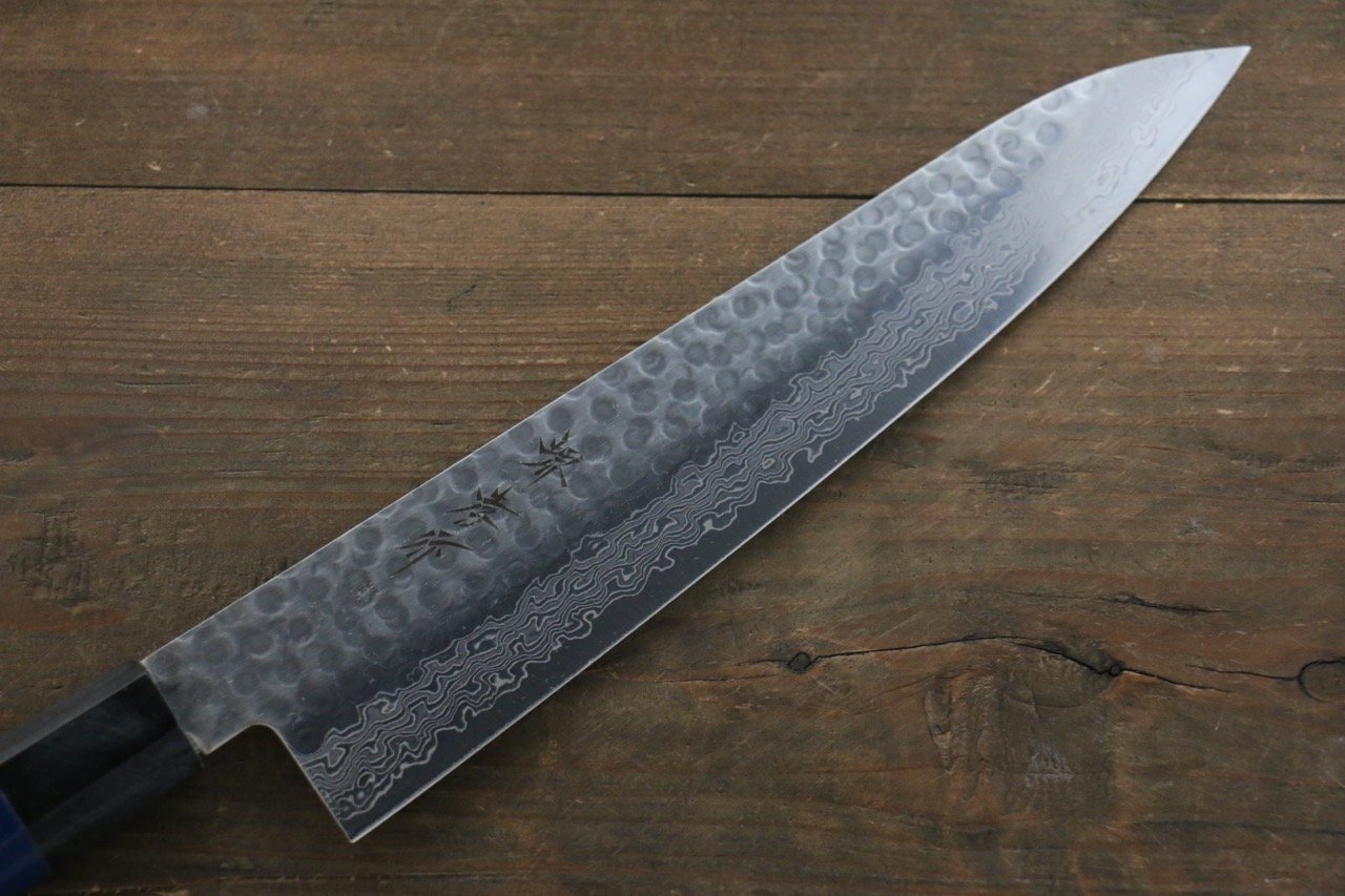 Sakai Takayuki 45 Layer Damascus Hammered Gyuto Japanese Chef Knife 240mm Blue Lacquered Handle With Saya - Japanny - Best Japanese Knife