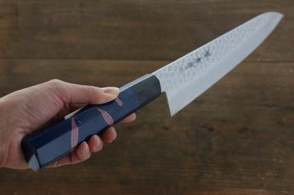 Sakai Takayuki 45 Layer Damascus Hammered Gyuto Japanese Chef Knife 240mm Blue Lacquered Handle With Saya - Japanny - Best Japanese Knife