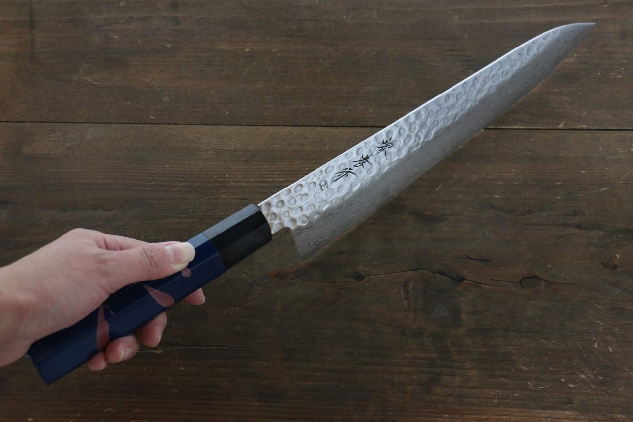 Sakai Takayuki 45 Layer Damascus Hammered Gyuto Japanese Chef Knife 240mm Blue Lacquered Handle With Saya - Japanny - Best Japanese Knife