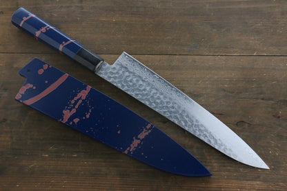 Sakai Takayuki 45 Layer Damascus Hammered Gyuto Japanese Chef Knife 240mm Blue Lacquered Handle With Saya - Japanny - Best Japanese Knife