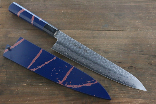 Sakai Takayuki 45 Layer Damascus Hammered Gyuto Japanese Chef Knife 240mm Blue Lacquered Handle With Saya - Japanny - Best Japanese Knife